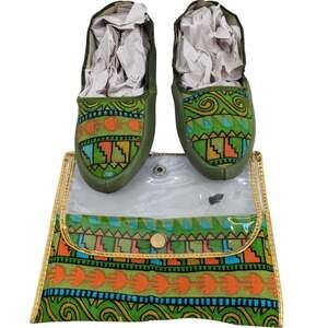 Vintage 1960's 1970's Foldable Vinyl & Canvas TRAVEL SLIPPERS & POUCH Geometric